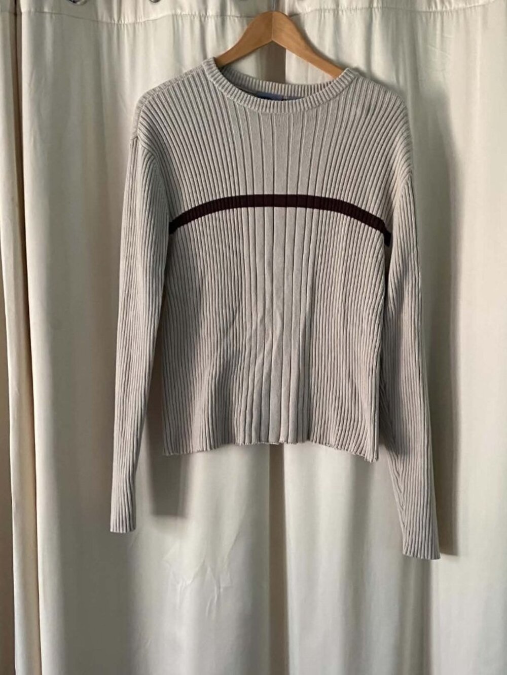 Aéropostale Women's Y2K Ribbed Knit Sweater L Slim Fit Cream Brown Stripe